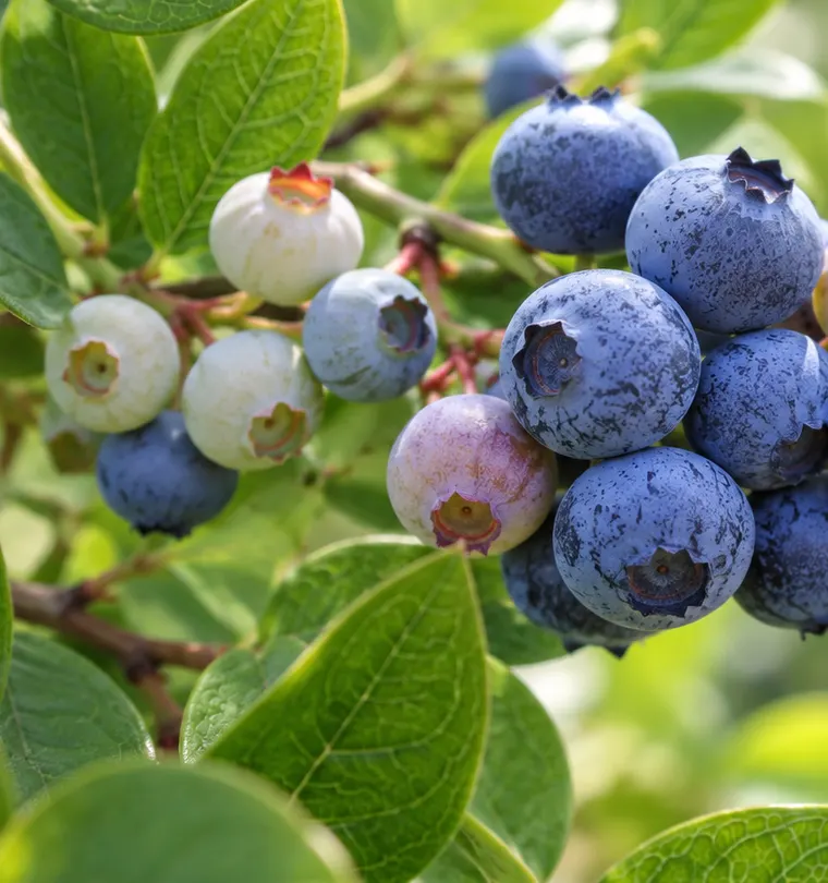 Ramo de mirtilo com frutos em diferentes estágios de maturação
